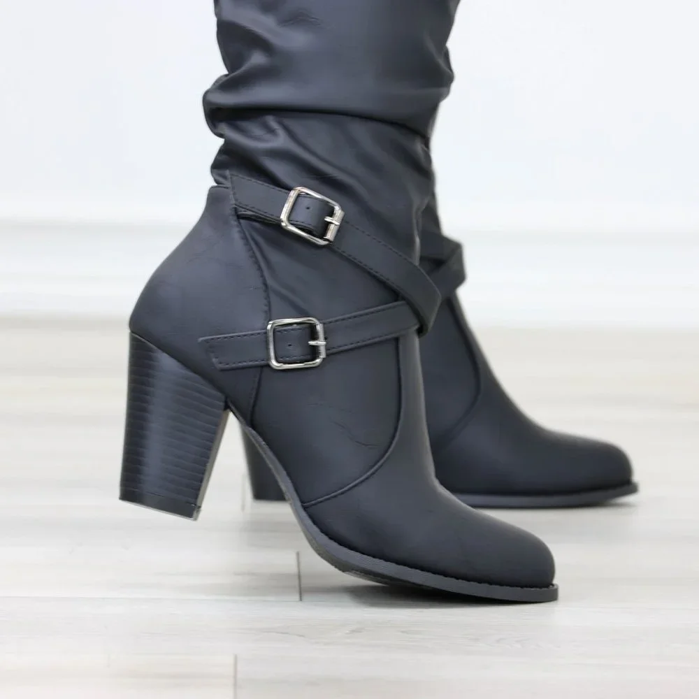 Black Mid Calf Block Heeled Boots Synthetic Leather Pointed Toe Womens - Picture 15 of 15